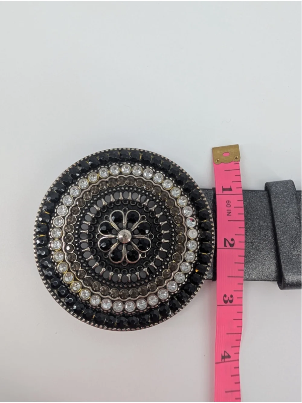 White House Black Market Belt M/L Black Rhinestone Medallion Buckle Wide Belt
